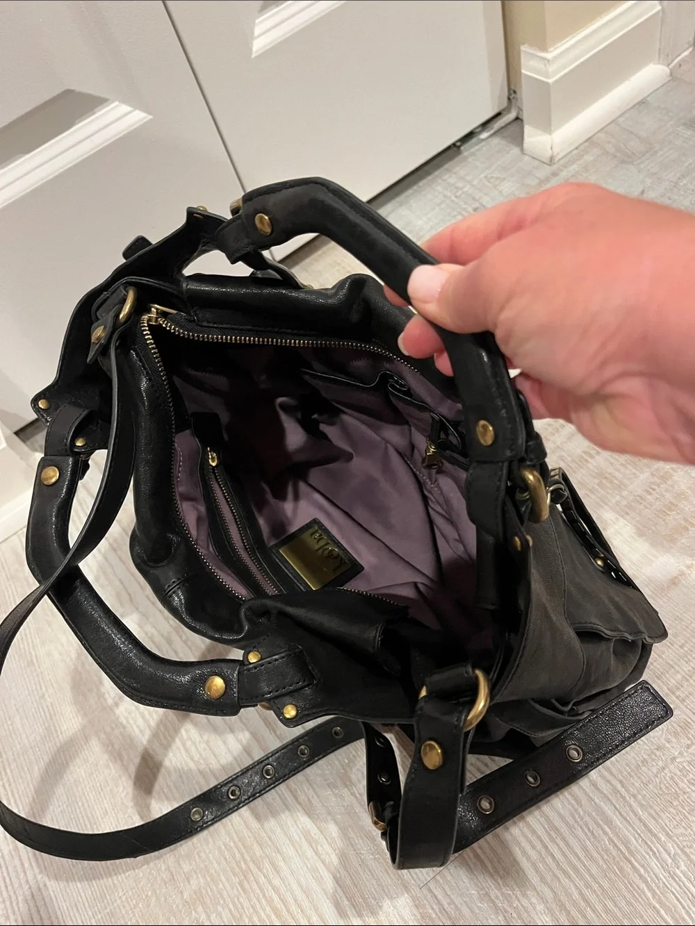 Kooba Black Leather Bag with Gold Studs